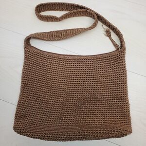 The Sak Happy Free Crochet Shoulder Bag Boho Bamboo Blend Brown‎ Zipper Top